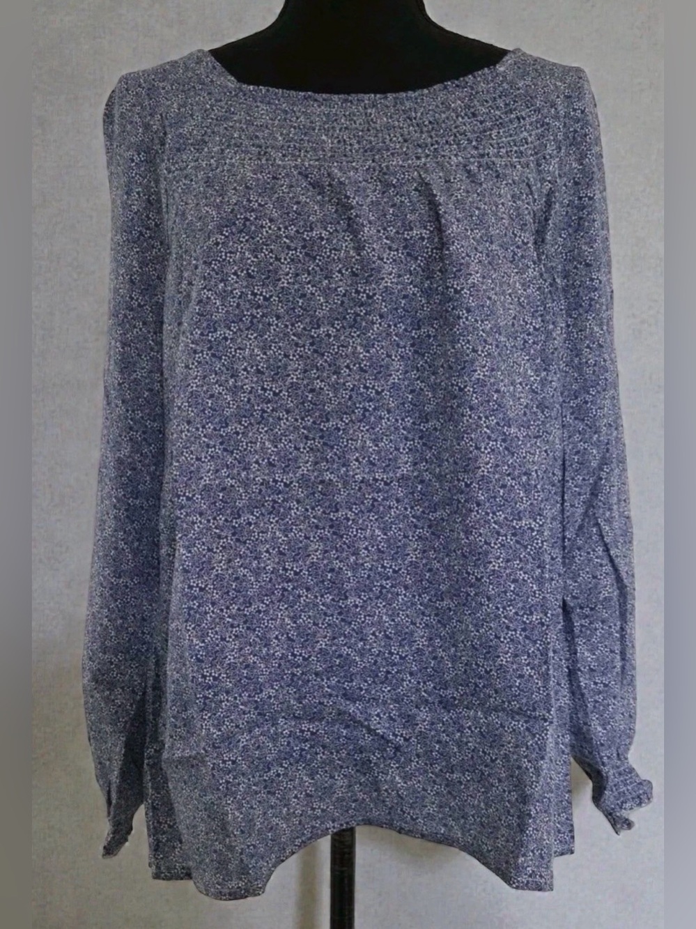 CJ Banks Blue Floral Smocked Yoke Blouse
